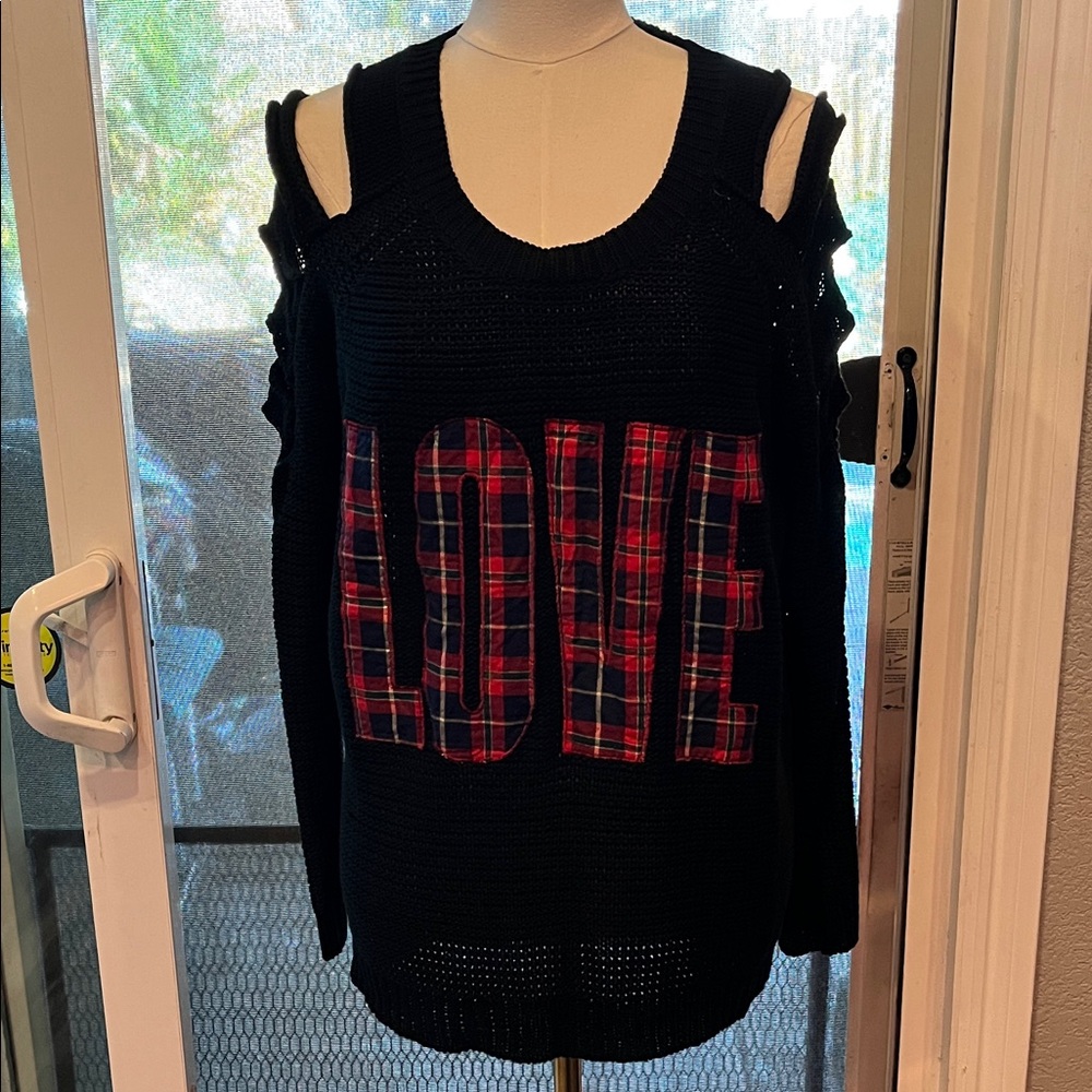 Forever 21 Black Knit Top with Red Plaid Love Graphic